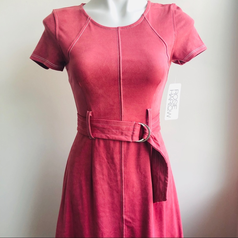 Suede Pink Short Sleeve Dress with Belt